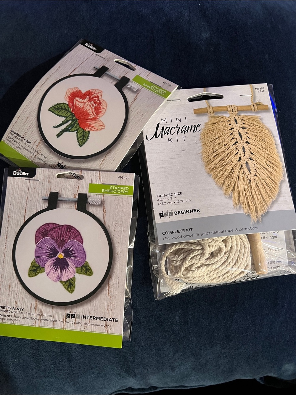 Bucilla 3 Mini Craft kits 2 Embroidery and 1 Macrame Kit